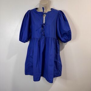 Band of the Free LA Mini Dress M Lapis Blue Babydoll Bubble Sleeve Tie Cotton